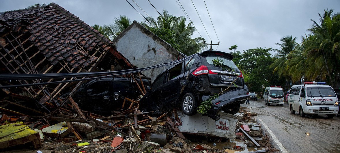 A car damaged by the tsunami in Labuhan Village, Pandeglang, Banten, Indonesia.  24 December 2018.