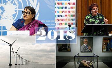 top l to r: Radhika Coomraswamy; UN Deputy-Secretary General Amina Mohammed. Bottom l to r: Middelgruden offshore wind farm; Flowers laid beneath the portrait of Kofi Annan at UN Headquarters in NY.