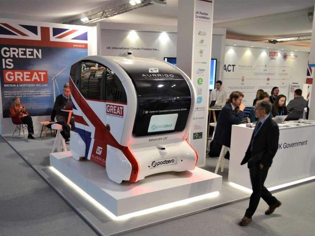 An electric and driverless car displayed at the United Kingdom Pavilion at COP24, in Katowice, Poland. December 2018.