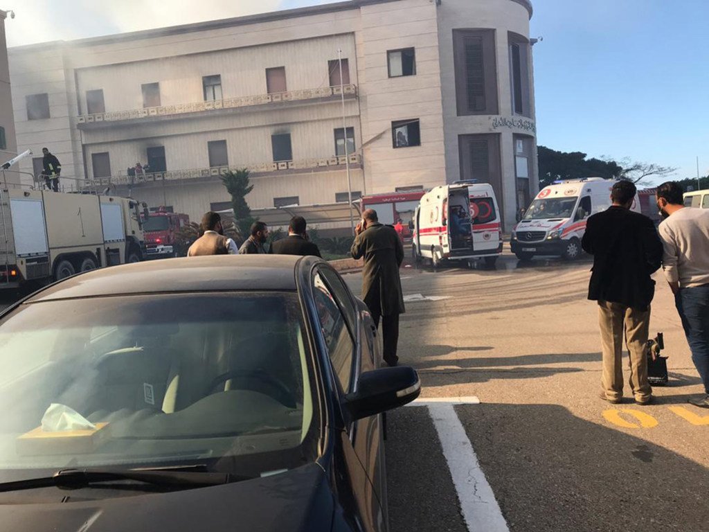 Emergency response vehicles in the aftermath of the attack on the Libyan foreign ministry in Tripoli.