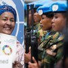 De izquierda a derecha: la bandera de la ONU en la sede en Nueva York; la vicesecretaria general de la ONU, Amina Mohammed; unas cascos azules en el terreno; el Secretario General con las mujeres de su equipo de dirección. 