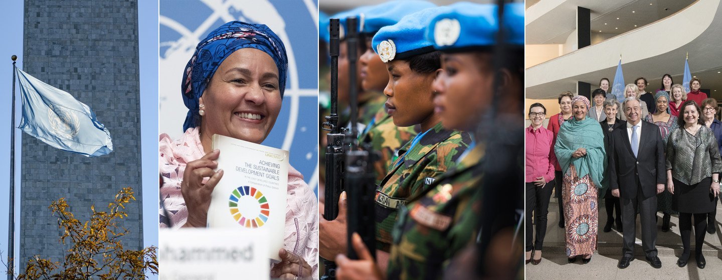 左起：联合国纽约总部的旗帜；常务副秘书长手持贸发会议有关可持续发展目标的报告；联合国维和人员；秘书长与其高级管理小组的女性成员。