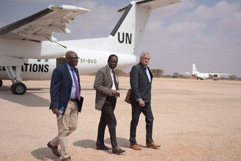 Nicholas Haysom, the UN Secretary-General’s Special Representative for Somalia (r) arrives at an airport in Somalia with two senior UN colleagues in November 2018.
