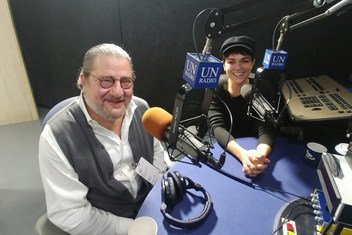 Producer James Manos (left) and actress Serinda Swan at UN News Studios at UN Headquarters in New York.