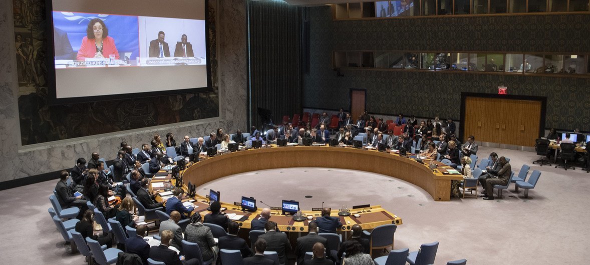 Leila Zerrougui (on screen-left), Special Representative of the Secretary-General and Head of the UN Organization Stabilization Mission in the Democratic Republic of the Congo (MONUSCO), briefs the Security Council on 11 January 2019.