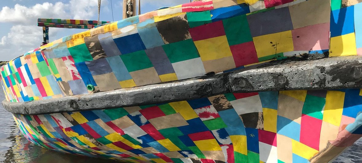 A close up view of the FlipFlopi dhow, a 9-metre traditional sailing boat made from 10 tonnes of discarded plastic.