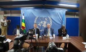 Jean Pierre Lacroix, USG of UN Peace Operations, and Smail Chergui, AU Commissioner for Peace and Security, (center left and right) during their closing press conference after a two days visit in CAR to relaunch the dialogue between the government of the Central African Republic (CAR) and armed groups under the auspices of the African Union (AU) initiative.