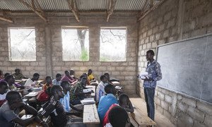 A South Sudanese refugee teaches a class at a primary school in Kule refugee camp, Ethiopia, March 2016.