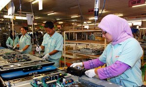 Workers of PT Toshiba Consumer Products Ind. assembling and manufacturing of electronic goods, such as television sets. Cikarang, Bekasi. Indonesia. (file)