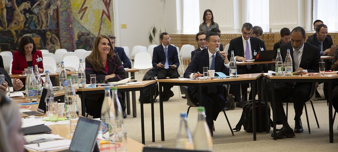 High-Level Panel on Digital Cooperation led by philanthropist Melinda Gates (left-center) and Alibaba founder Jack Ma (with microphone).  January 2019.