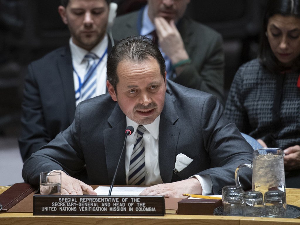 Carlos Ruiz Massieu, Représentant spécial du Secrétaire général et chef de la Mission de vérification des Nations Unies en Colombie, informe le Conseil de sécurité de la situation en Colombie. 23 janvier 2019.