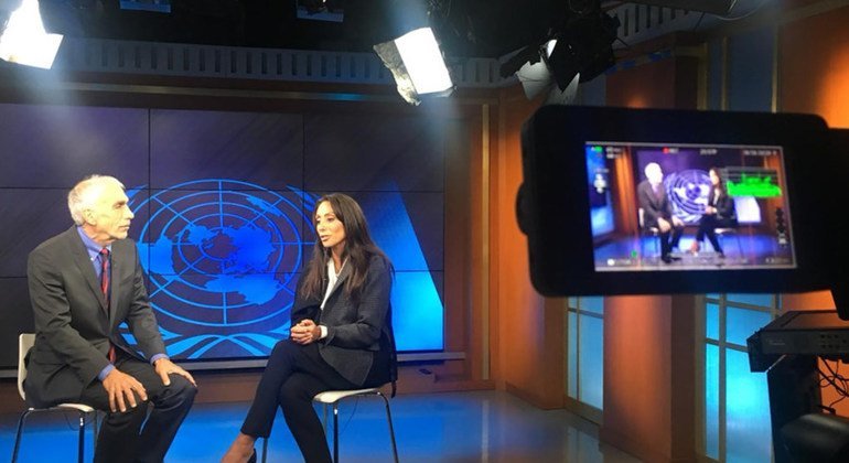 David Scheff and Vicky Cornell being interviewed at the UNTV studios at UN Headquarters in New York.