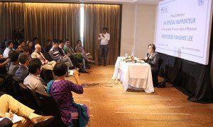 Yanghee Lee, the UN Special Rapporteur on the situation of human rights in Myanmar, speaks to the press after visiting the Bangladesh island of Bhashan Char.  25 January 2019.