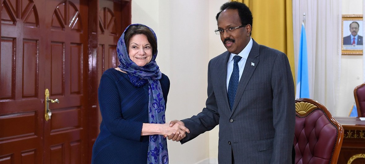 Rosemary DiCarlo, United Nations Under-Secretary-General for Political and Peacebuilding Affairs, meets with Mohamed Abdullahi Mohamed Farmaajo, the Federal President of Somalia, at Villa Somalia during her working visit to Mogadishu, Somalia, on 30 Janua
