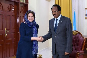 Rosemary DiCarlo, United Nations Under-Secretary-General for Political and Peacebuilding Affairs, meets with Mohamed Abdullahi Mohamed Farmaajo, the Federal President of Somalia, at Villa Somalia during her working visit to Mogadishu, Somalia, on 30 January 2019.