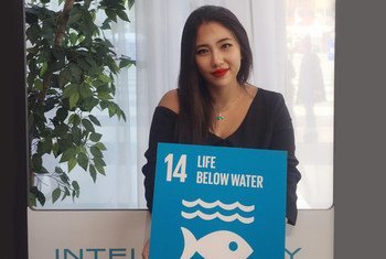 王淼宣传联合国可持续发展目标14：保护水下生物。 