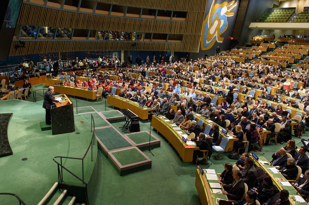 联合国秘书长安东尼奥·古特雷斯在大会堂每年一度的联合国大屠杀纪念仪式上讲话。（2019年1月28日）