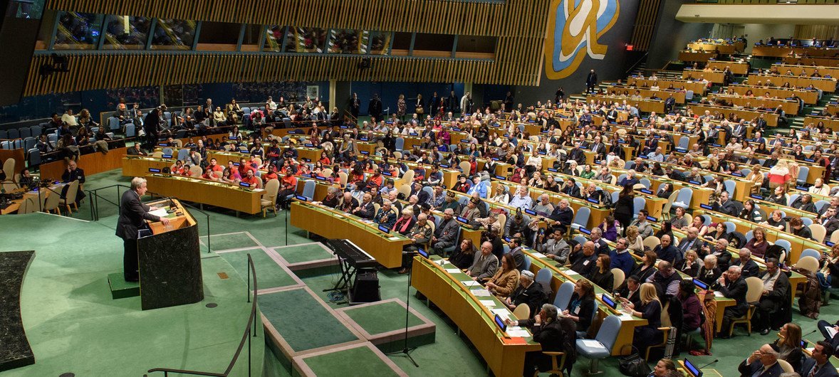 Secretary-General António Guterres addressing the annual United Nations Holocaust Remembrance Memorial Ceremony in the General Assembly Hall.