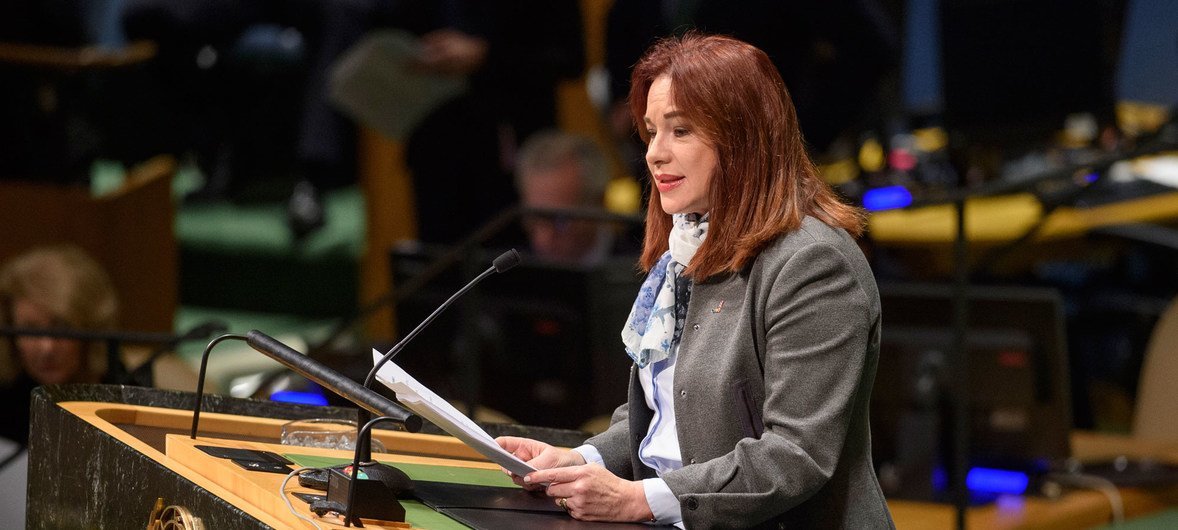 Presidente da Assembleia Geral, María Fernanda Espinosa, discursa na Assembleia Geral