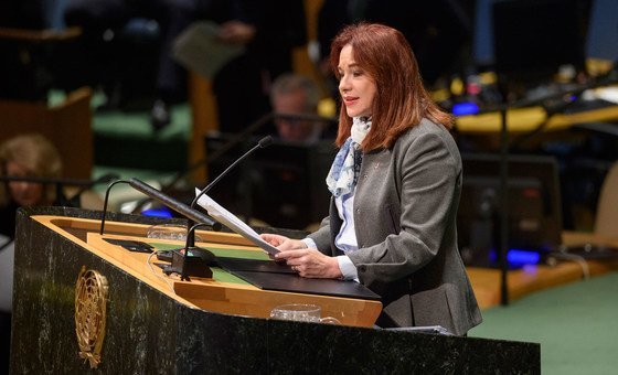 Presidente da Assembleia Geral, María Fernanda Espinosa, discursa na Assembleia Geral