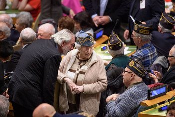 World War II Veterans and other participants attending the 2019 United Nations Holocaust Memorial Ceremony in the General Assembly Hall.