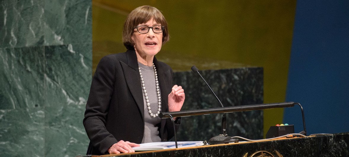 Sara J. Bloomfield, Director of the United States Holocaust Memorial Museum, delivers her keynote speech during the annual United Nations Holocaust Remembrance Ceremony.