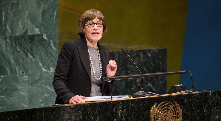 Sara J. Bloomfield, Director of the United States Holocaust Memorial Museum, delivers her keynote speech during the annual United Nations Holocaust Remembrance Ceremony.
