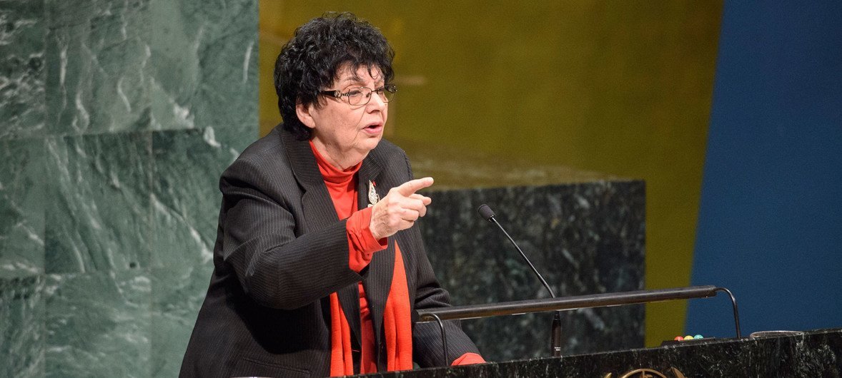 Inge Auerbacher shares her account as a child survivor of Teresienstadt, during the annual United Nations Holocaust Remembrance Ceremony.