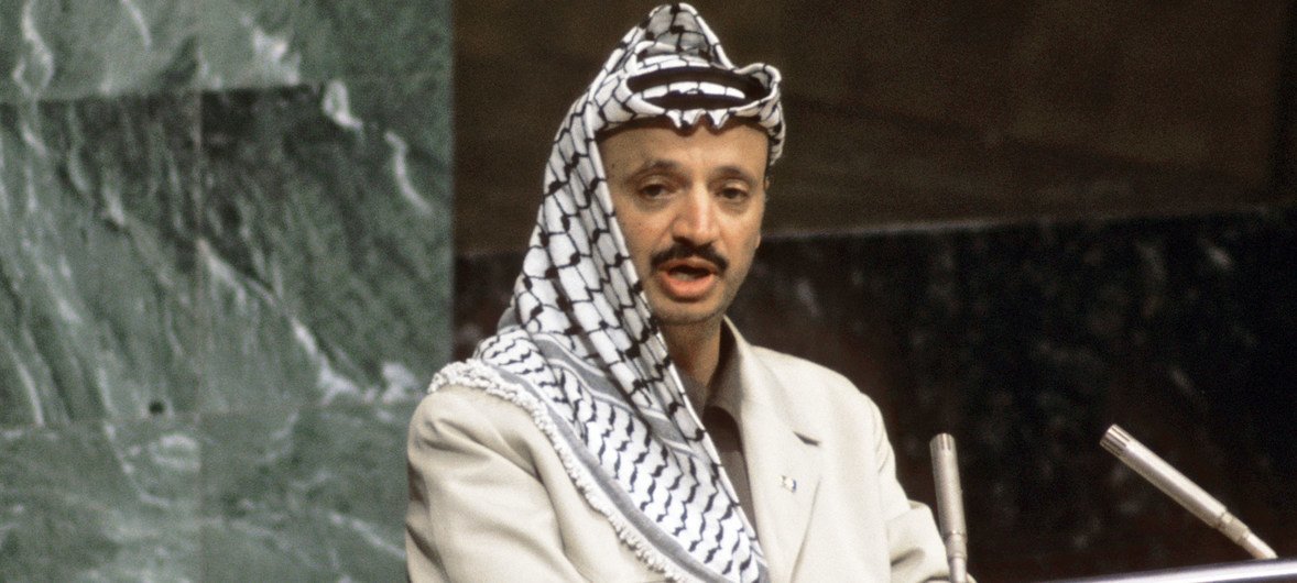 Yasir Arafat, head of the Palestine Liberation Organization (PLO) addresses the UN General Assembly on the question of Palestine. (13 November 1974)
