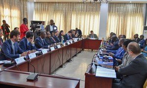 In Abidjan, Ambassador Anatolio Ndong Mba of Equatorial Guinea, Council President and co-lead of the mission to Côte d’Ivoire (centre left), meets with the Minister of Foreign Affairs of Côte d'Ivoire, Marcel Amon-Tanoh alongside a Ministry delegation.