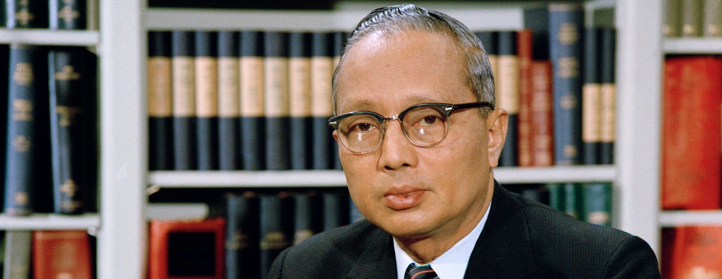 Secretary-General U Thant is seen in a United Nations television studio recording his 1968 United Nations Day message.