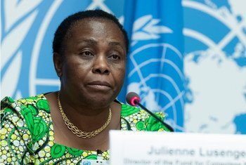 Julienne Lusenge, militante congolaise des droits de l’homme, présidente du groupe Sofepadi et directrice du Fonds des femmes congolaises lors d’une conférence de presse à Genève.