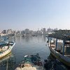 قوارب صيد في غزة، وتظهر في الخلفية مدينة غزة.