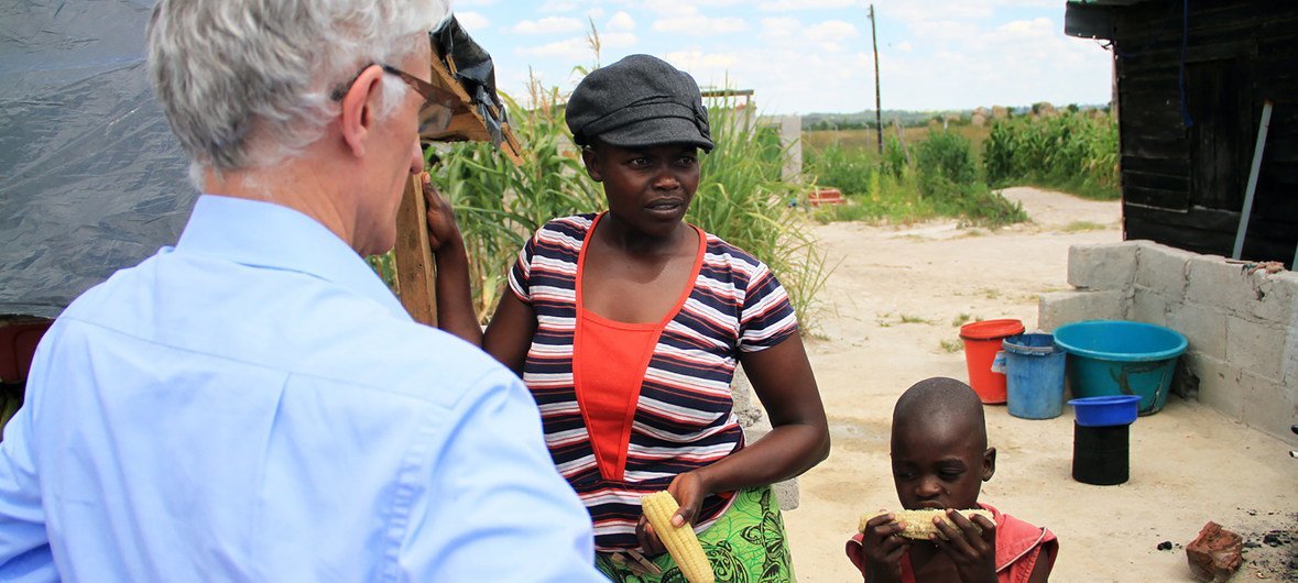 Mark Lowcock, Under Secretary-General for Humanitarian Affairs and Emergency Relief, visiting the densely populated Harare suburb Epworth, in Zimbabwe, where he met with families in need.