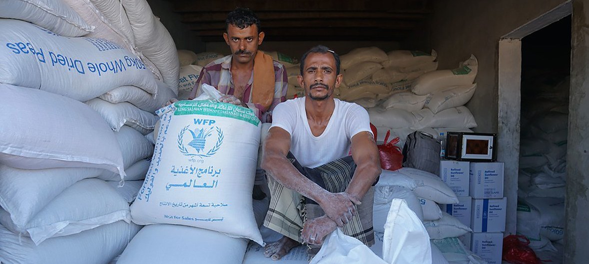 Cereal stored in Dhubab, Taiz Gobernorate, in Yemen. The World Food Programme (WFP) grain stored in Hudaydah's Red Sea Mills has been inaccessible for over five months and is at risk of rotting.