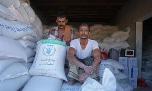 Cereal from World Food Programme (WFP) stores in Dhubab, Taiz Gobernorate, Yemen. 