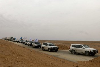 On 6 February 2019 in the Syrian Arab Republic, a humanitarian convoy traveling from Damascus arrives at the 10 km mark near Rukban where the UN and Syrian Arab Red Crescent (SARC) have set up their temporary camp. 