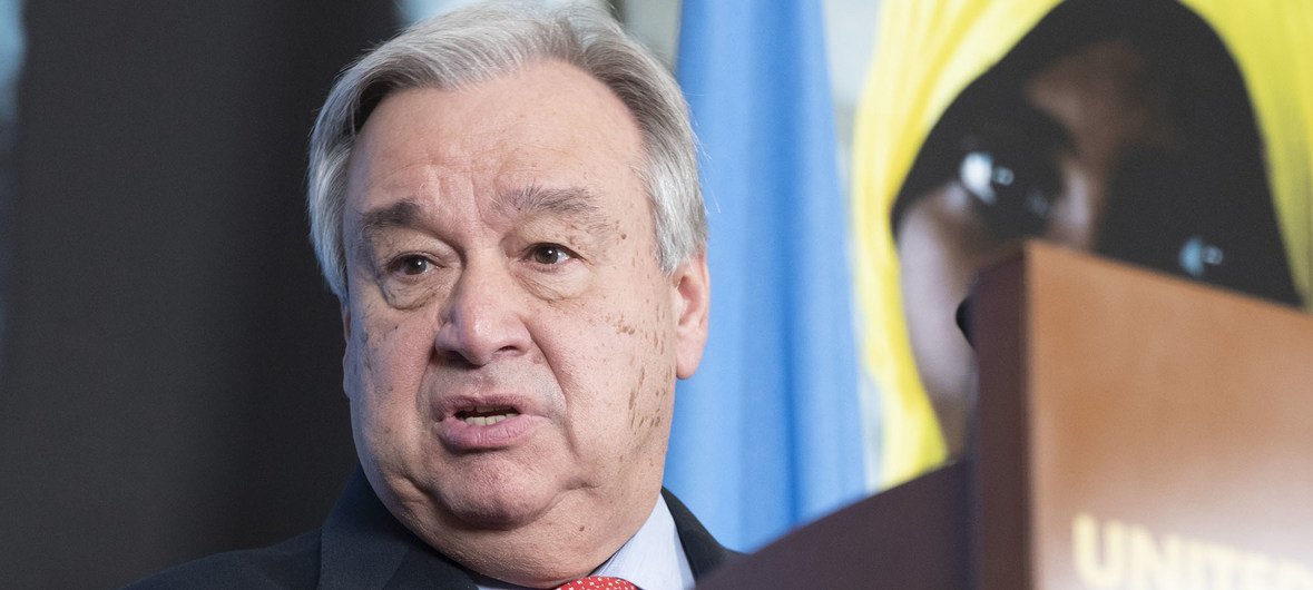 Secretary-General António Guterres during press conference after on the High-Level Pledging Event for the humanitarian crisis in Yemen 26 February 2019.