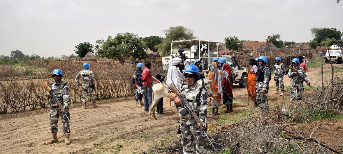 UNAMID peacekeepers from the Nepalese police contingent during a June 2018 patrol in Masteri, West Darfur