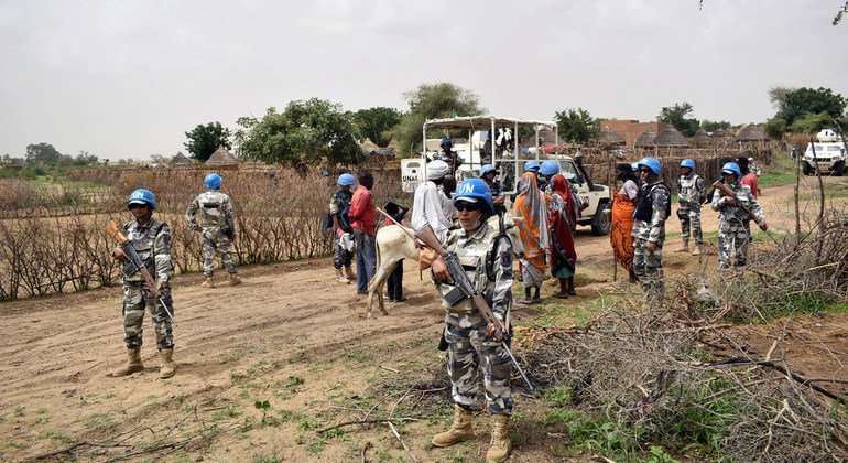 UNAMID peacekeepers from the Nepalese police contingent during a June 2018 patrol in Masteri, West Darfur. As part of its protection-of-civilians mandate, the Joint UN-AU Mission conducts daily patrols in various villages and camps housing internally displaced people across the Darfur region of Sudan. 