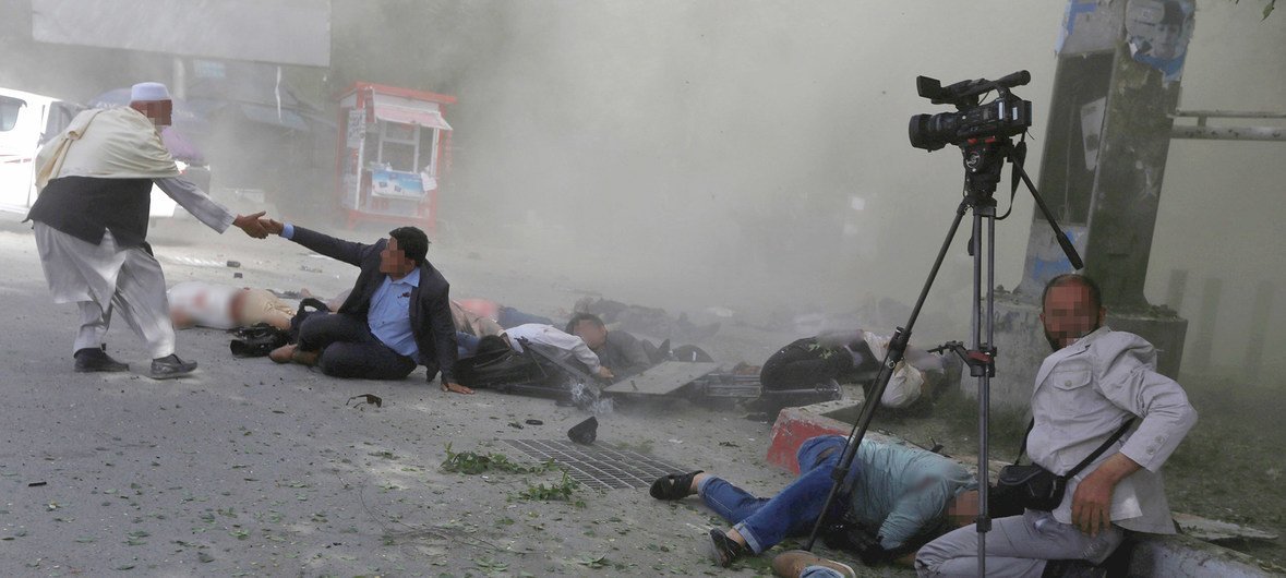 A group of journalists and first responders are caught in a downtown Kabul suicide attack on 30 April 2018.