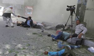 A group of journalists and first responders are caught in a downtown Kabul suicide attack on 30 April 2018.
