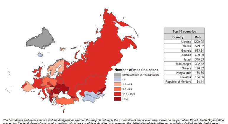 Mapa de la incidencia del sarampión por millones de habitantes en Europa de enero a diciembre de 2018.