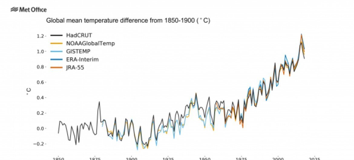 世界气象组织用于监测全球气温的五组数据集证实，过去四年是有记录以来最温暖的年份。