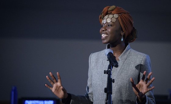 UNHCR Goodwill Ambassador Emi Mahmoud recites one of her original poems at the event commemorating the 20th Anniversary of the Mine Ban Treaty's entry into force. 