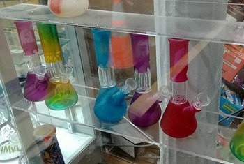 قوارير زجاجية تستخدم لتدخين الماريوانا معروضة للبيع في متجر في مدينة نيويورك.