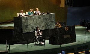 Civil Society Representatives Mary Fatiya (South Sudan) and Muniba Mazari (Pakistan) address the Commission on the Status of Women held in the General Assembly Hall at United Nations Headquarters. 