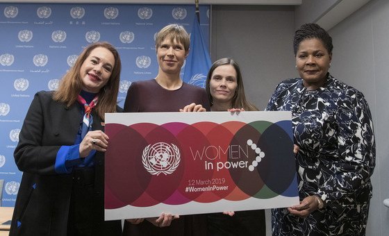 General Assembly President María Fernanda Espinosa Garcés (left) with (left to right): President  Kersti Kaljulaid of Estonia;  Prime Minister Katrín Jakobsdóttir of Iceland; and President Paula-Mae Weekes of Trinidad and Tobago, following their press bri