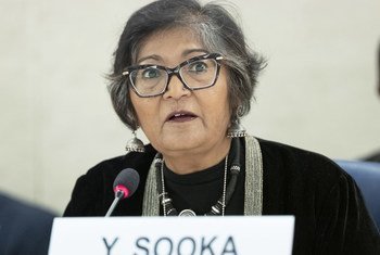 Yasmin Sooka, Chairperson of the Commission on Human Rights in South Sudan present his report at a 40th Session of the Human Rights Council. 