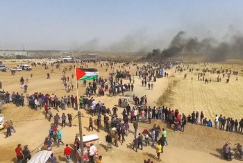 Des manifestants marchant vers la barrière séparant Gaza d’Israël. La Commission d'enquête indépendante des Nations Unies sur les manifestations dans le territoire palestinien occupé a exhorté Israël à réviser ses règles d'engagement militaires.